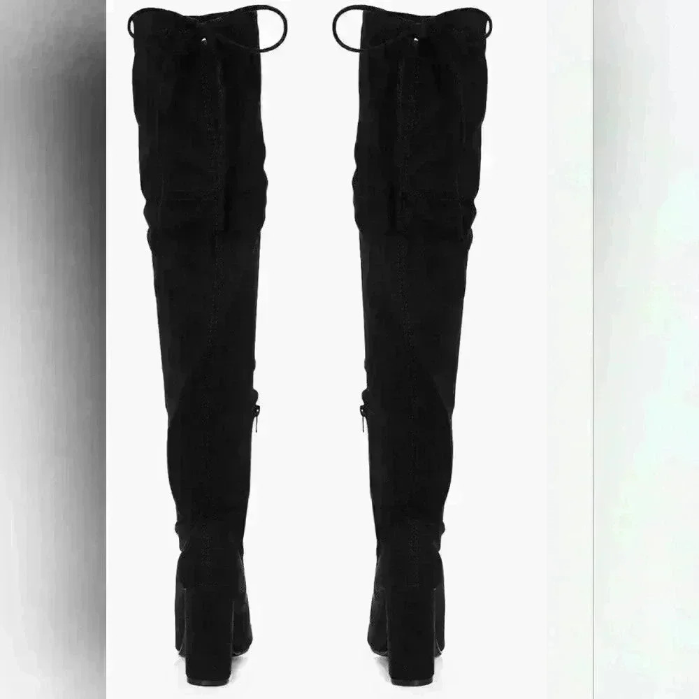 Boohoo Rebecca Block Heel Over The Knee Black Faux Suede Thigh High Boots Boot - Picture 2 of 3